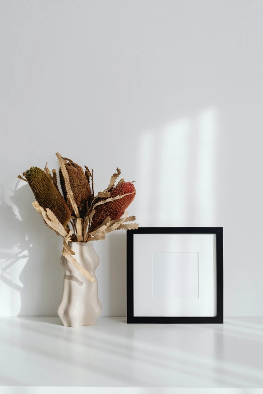 a picture frame sitting on top of a white shelf, inspired by Robert Mapplethorpe, unsplash contest winner, bouquet, soft autumn sunlight, square shapes, architectural