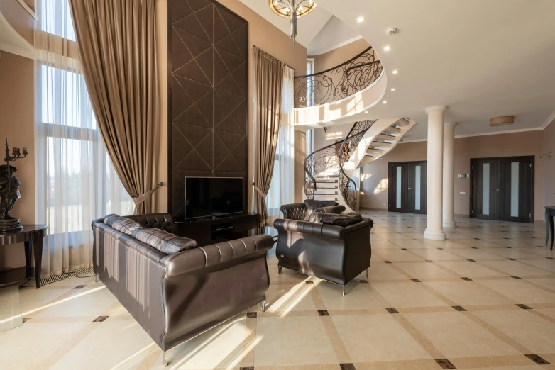 a living room filled with furniture and a spiral staircase, great quality ), in style of kyrill kotashev, big hall, zenith view