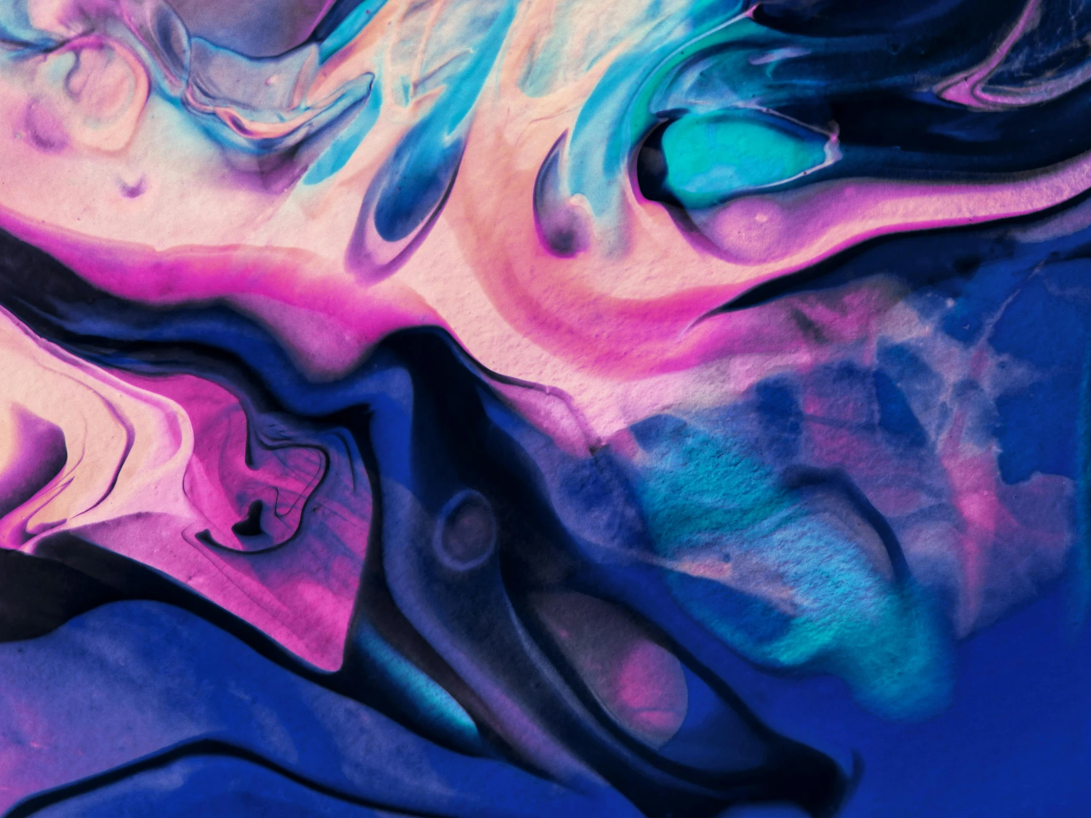 a close up of a painting on a blue surface, trending on pexels, abstract art, purple and pink and blue neons, swirling liquids, procreate, beautiful wallpaper