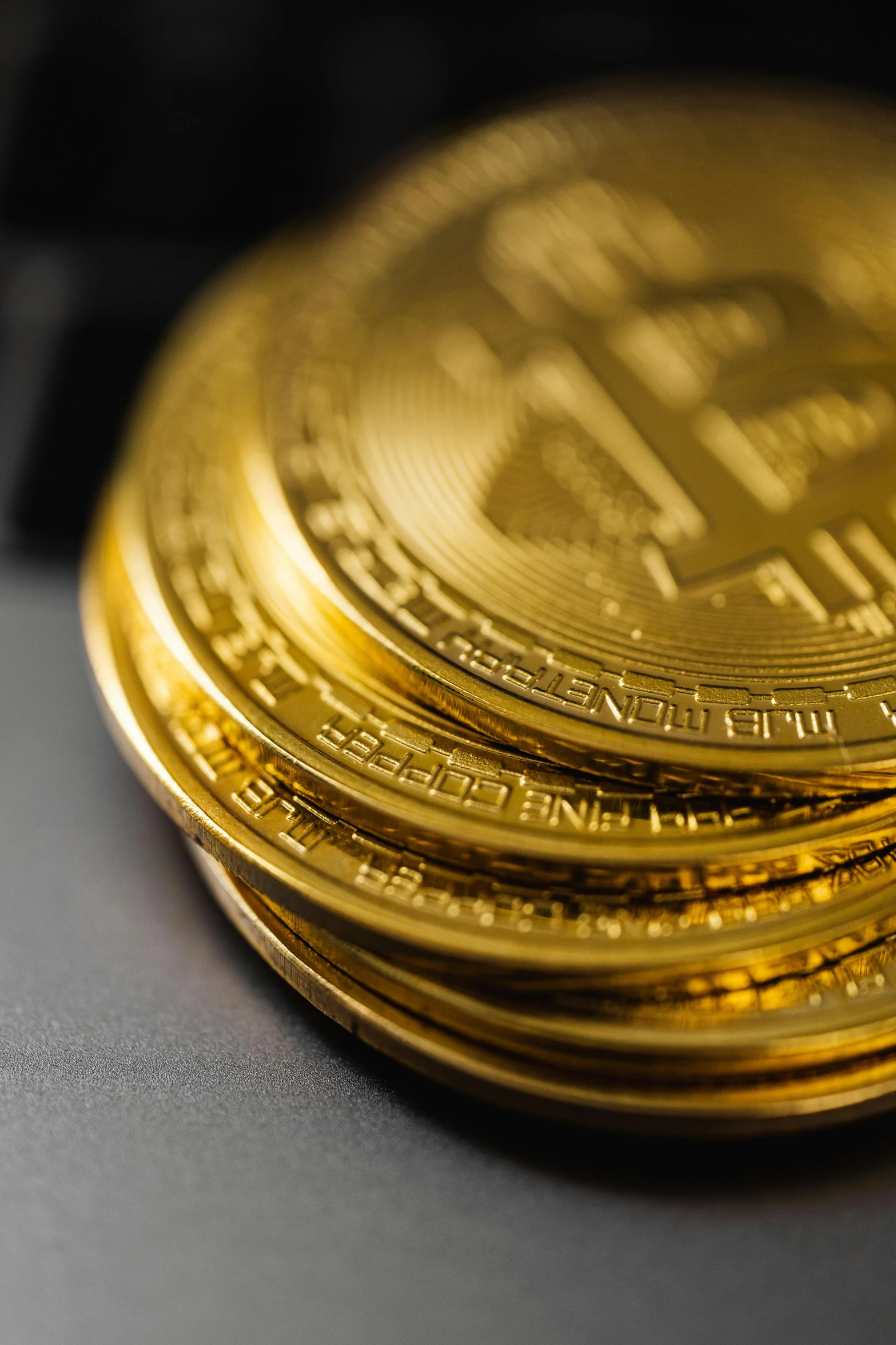 a pile of gold bitcoins sitting on top of a computer keyboard, pexels, asset on grey background, thumbnail, up-close, contain