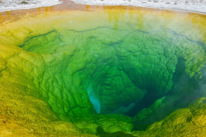 a green pool in the middle of a hot spring, by Sigrid Hjertén, trending on unsplash, land art, square, multicolored, extreme panoramic, hollow earth