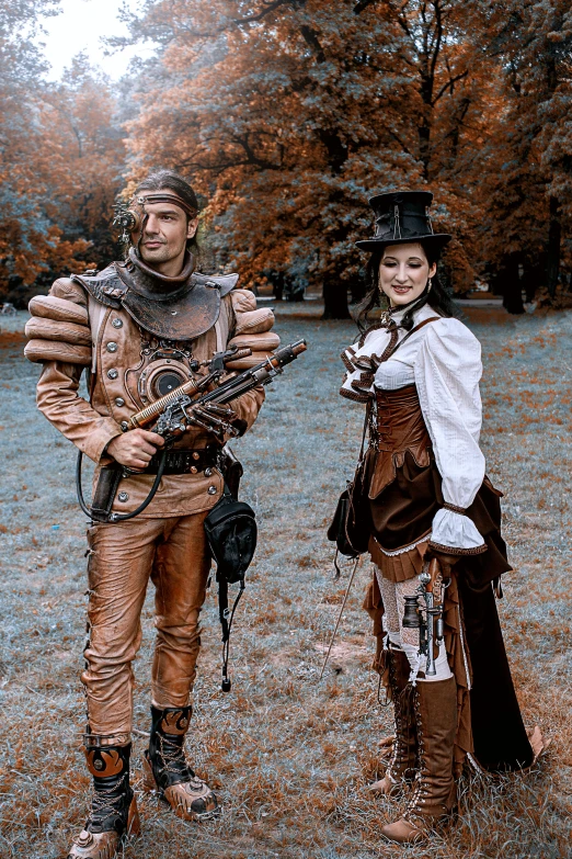 a couple of people that are standing in the grass, renaissance, wearing steampunk attire, instagram photo, brown exoskeleton, autumn season