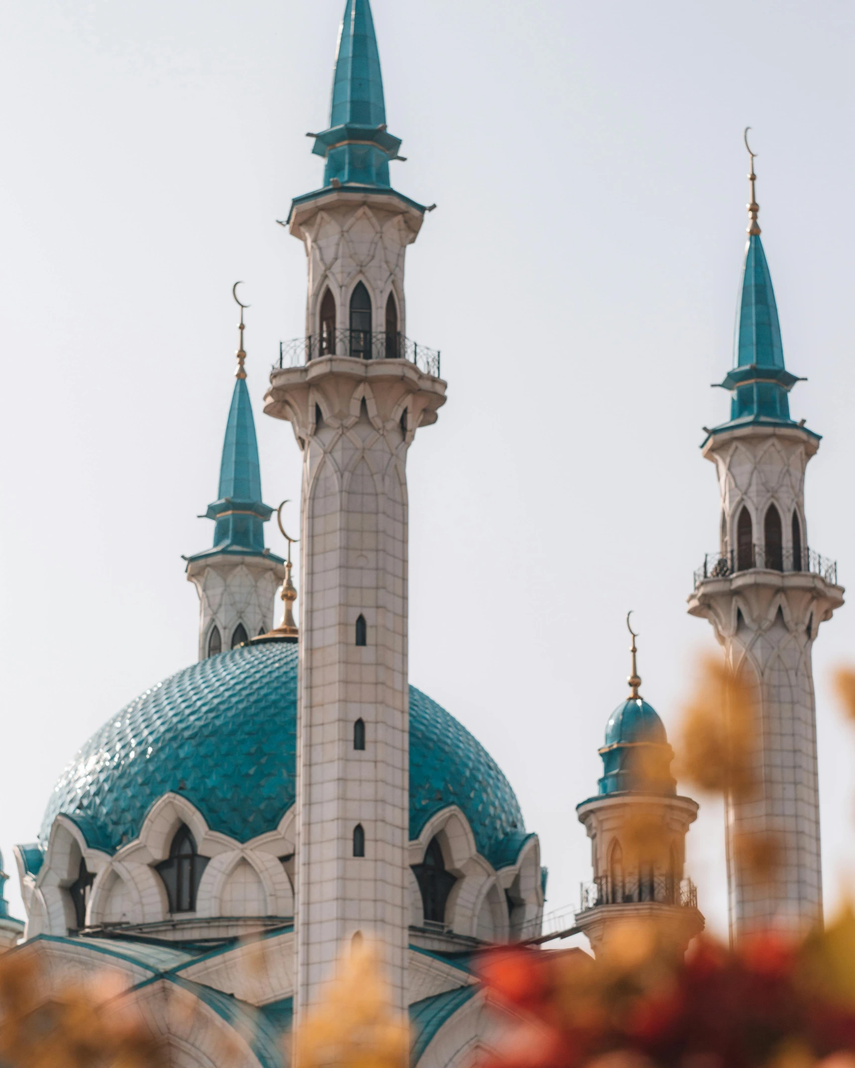 a large blue and white building with two towers, a colorized photo, trending on unsplash, hurufiyya, dome, decorations, 2 0 2 2 photo, muslim