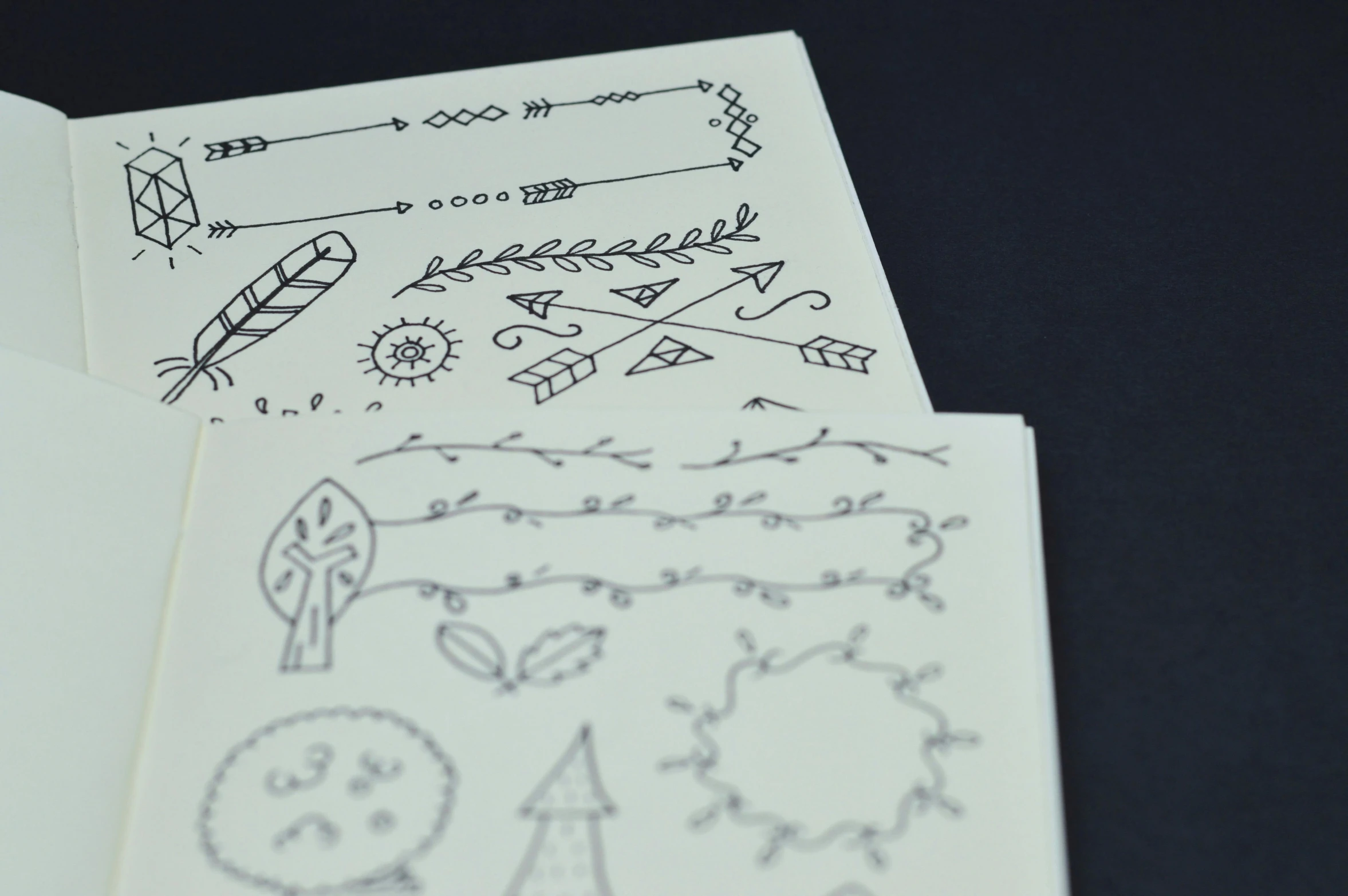 a close up of a piece of paper with drawings on it, pexels, ornamental arrows, flash sheet, drawing style, woodland