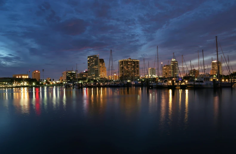a large body of water with a bunch of boats in it, pexels contest winner, hurufiyya, twilight skyline, long beach background, victorian harbour night, a wooden