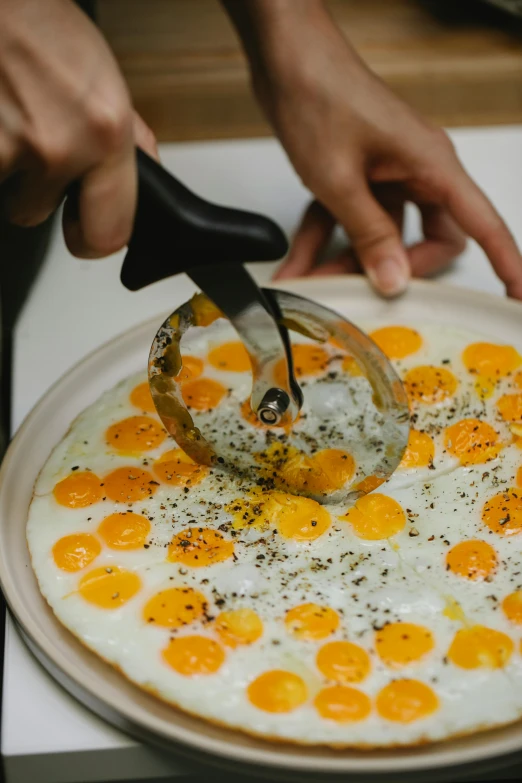 a person cutting an egg on top of a pizza, translucent eggs, monocle, speckled, made of glazed