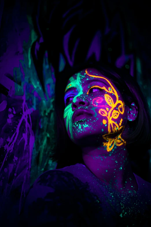 a woman with fluorescent paint on her face, by Adam Marczyński, trending on pexels, psychedelic art, glowing purple, alien colorful greenery, tendrils of colorful light, made of glowing oil