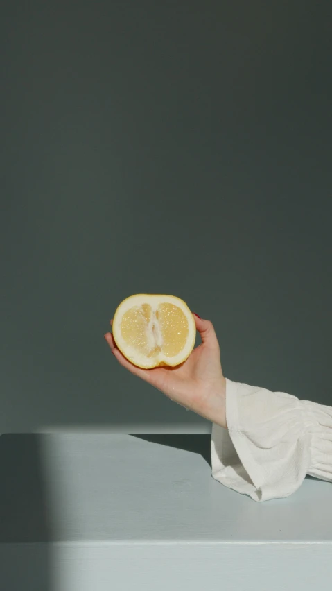 a close up of a person holding a slice of lemon, postminimalism, pale - skinned, gongbi, digital image, grey