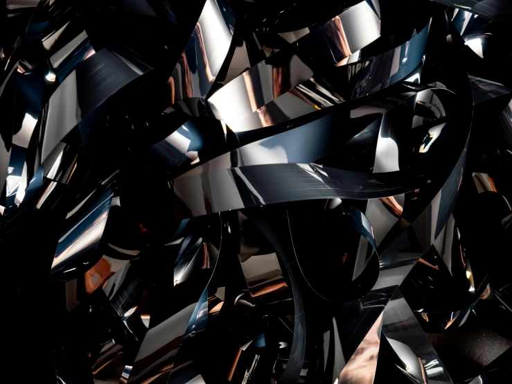 a close up of a bunch of shiny objects, by Patrick Pietropoli, curving black, wide ribbons, metal chrome, digital artwork