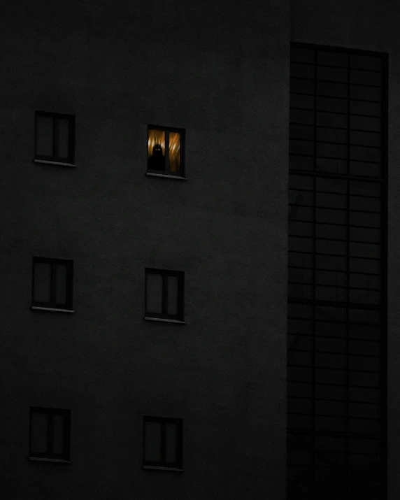 a person looking out of a window at night, an album cover, by Tobias Stimmer, unsplash contest winner, conceptual art, dark building, gold, sergey zabelin, minimalist photo