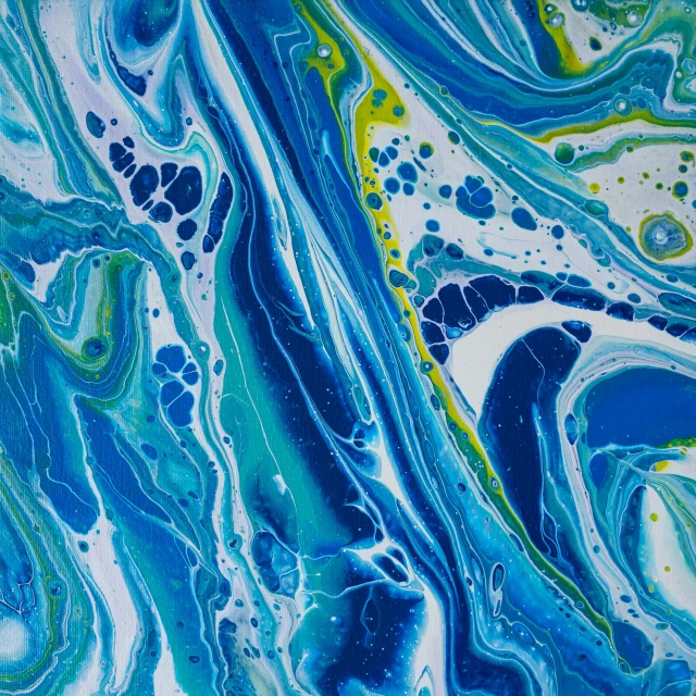 a close up of a painting with blue and green paint, inspired by Jackson Pollock, liquid marble fluid painting, lsd waves, iridescent soapy bubbles, bird view