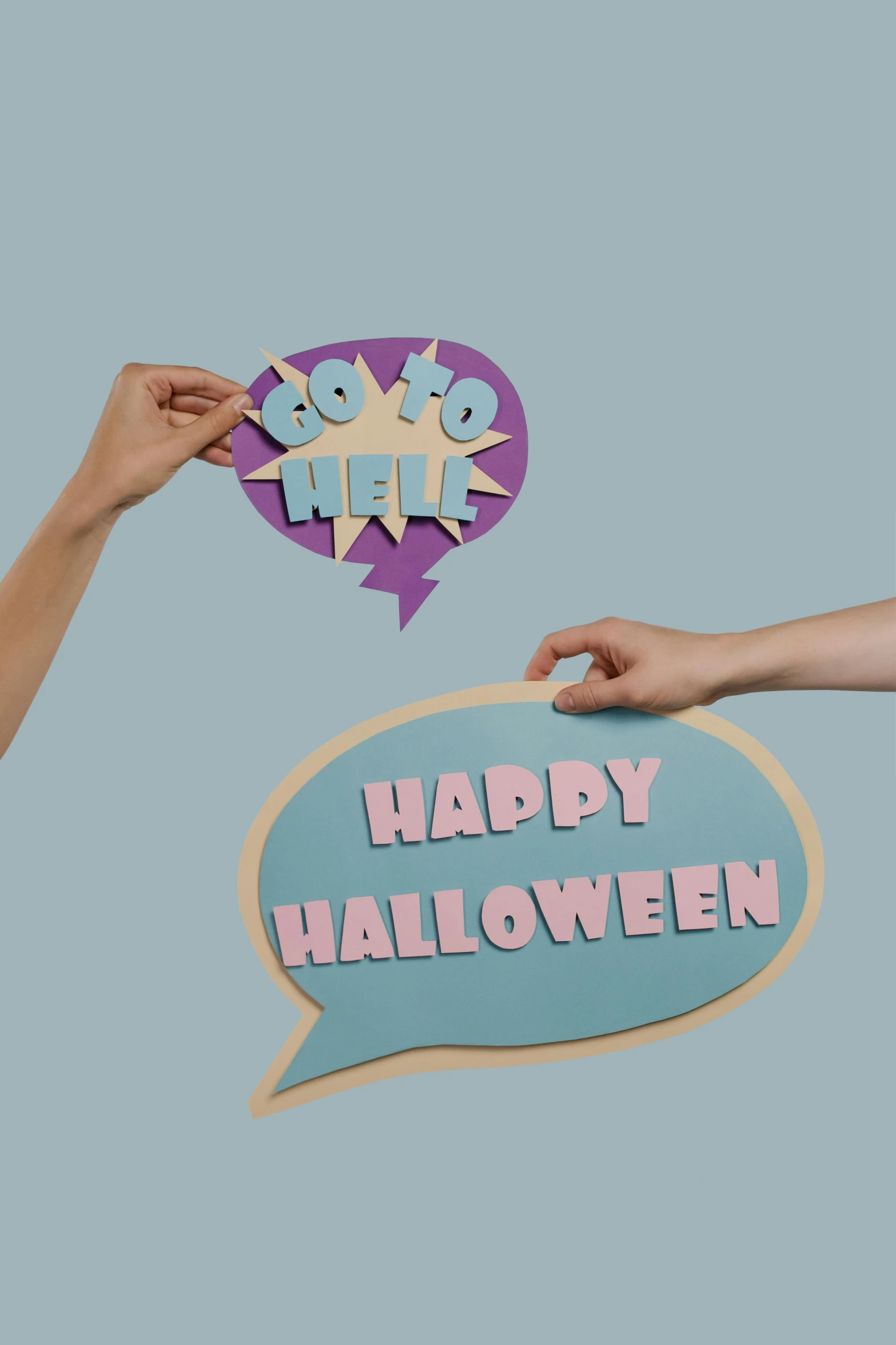 a person holding a sign that says happy halloween, pop art, pastel colored, speech bubbles, 256x256, hero prop