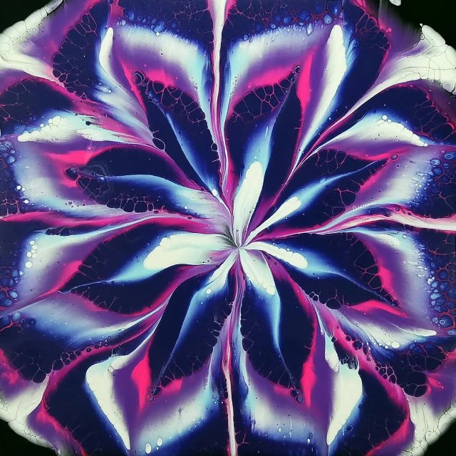 a painting of a purple and blue flower on a black background, an acrylic painting, inspired by Giacomo Balla, mandala white bones, pink and purple, made of liquid purple metal, stunning sight