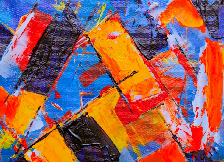 a close up of a painting on a canvas, inspired by David Bomberg, pexels, abstract art, red yellow blue, beautiful art uhd 4 k, patchwork-streak style, thumbnail