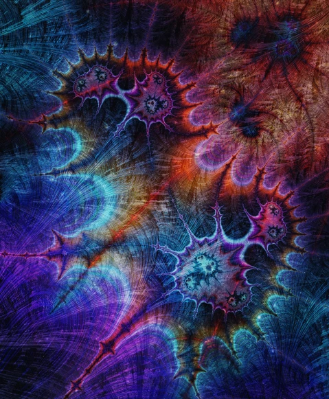 a bunch of purple and blue flowers on a black background, an album cover, by Daniel Chodowiecki, pexels contest winner, generative art, mandelbulber fractal, eyes are rainbow spirals, tentacles in universe, dreamy painting of coronavirus