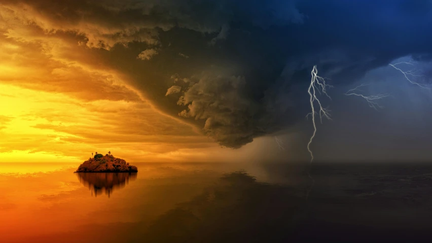 an island in the middle of a body of water with lightning coming out of it, pexels contest winner, romanticism, yellow clouds, battle between good and evil, profile picture 1024px, orange and blue sky