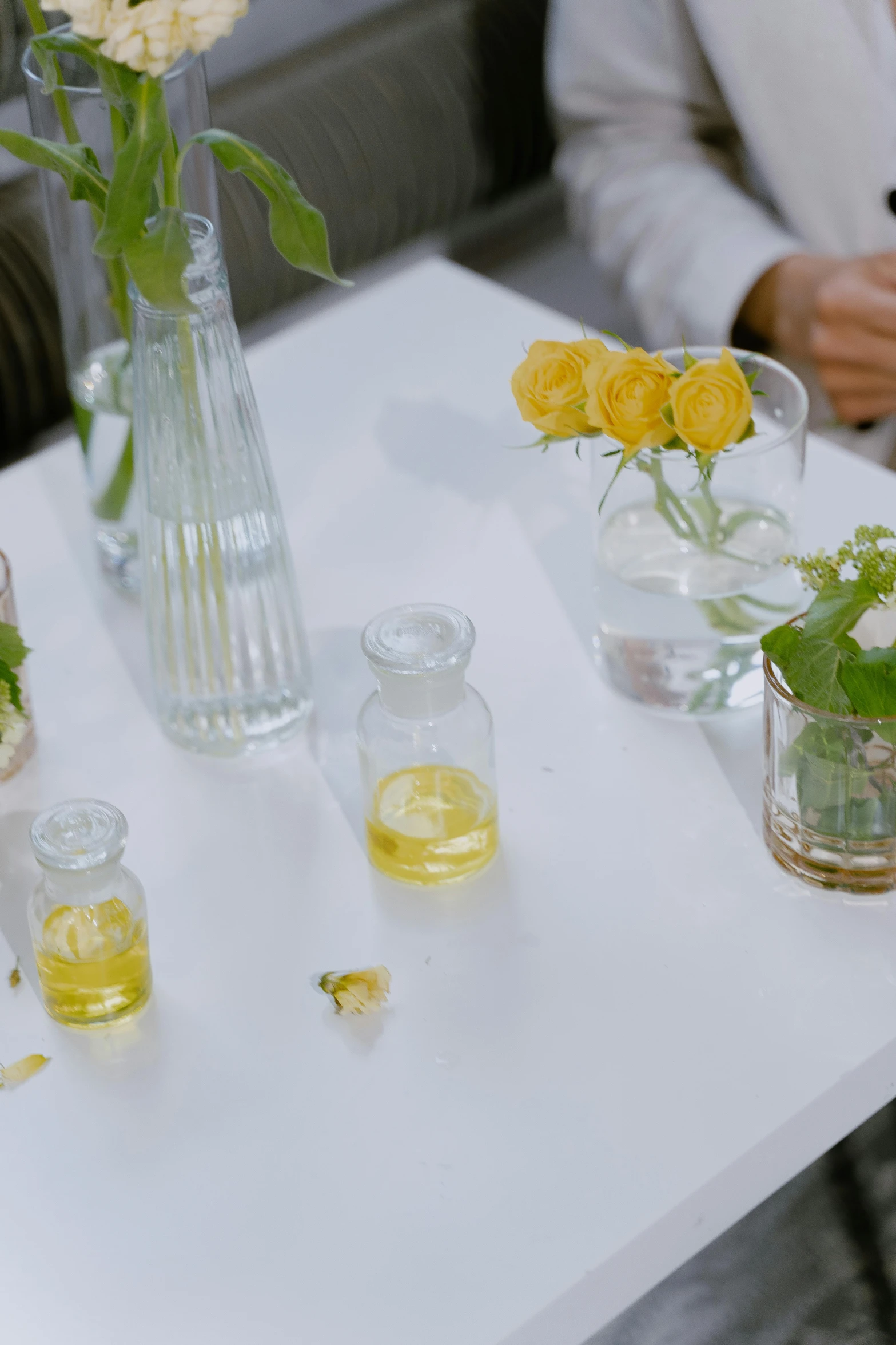 a couple of people that are sitting at a table, a still life, inspired by Alexander Roslin, trending on unsplash, plants in scientific glassware, white and yellow scheme, low quality footage, “wide shot