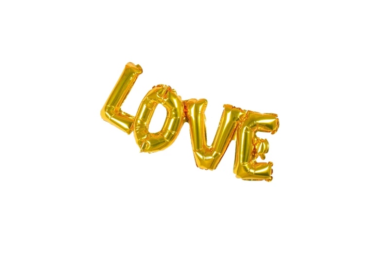 a gold foil balloon shaped like the word love, a picture, official product photo, thumbnail, low detail, inflatable