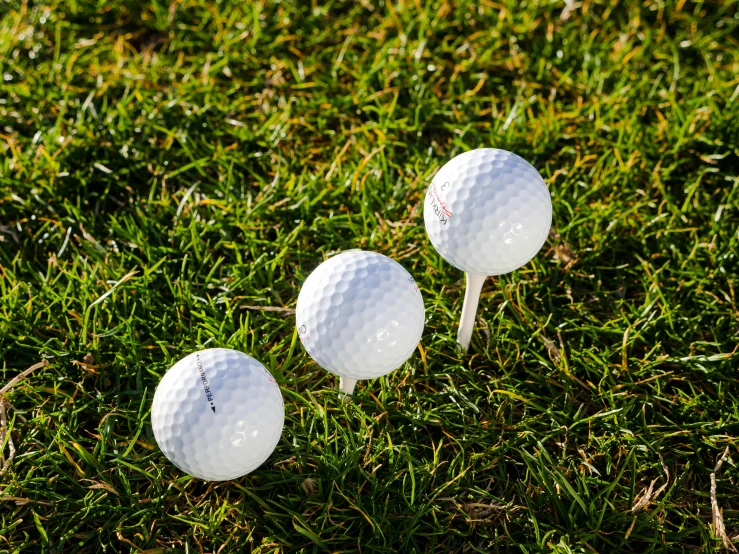 three golf balls on a tee in the grass, inspired by Shirley Teed, unsplash, bauhaus, fan favorite, panels, white, 1 2 9 7