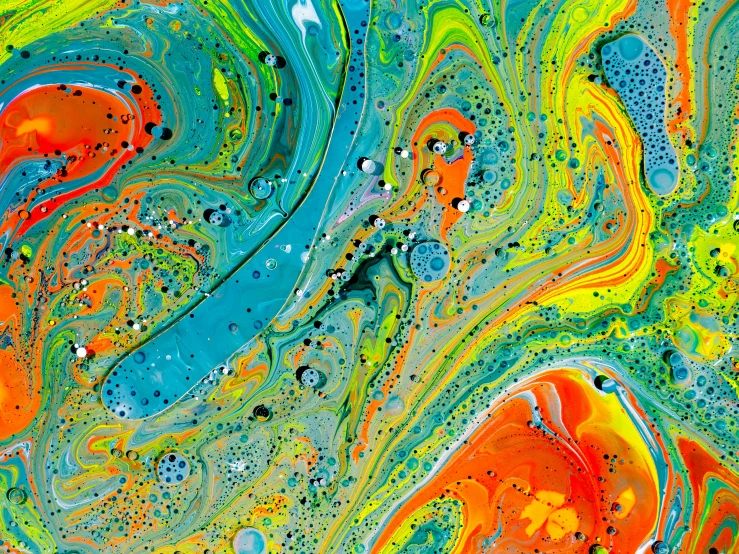 a close up of a colorful liquid painting, reddit, 'groovy', chartreuse and orange and cyan, super detailed color art, superfine ink detail