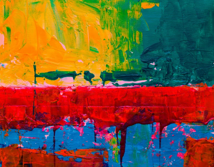 a painting with red, yellow, and blue colors, trending on pixabay, abstract expressionism, brand colours are green and blue, instagram post, chipped paint, vibrant scene