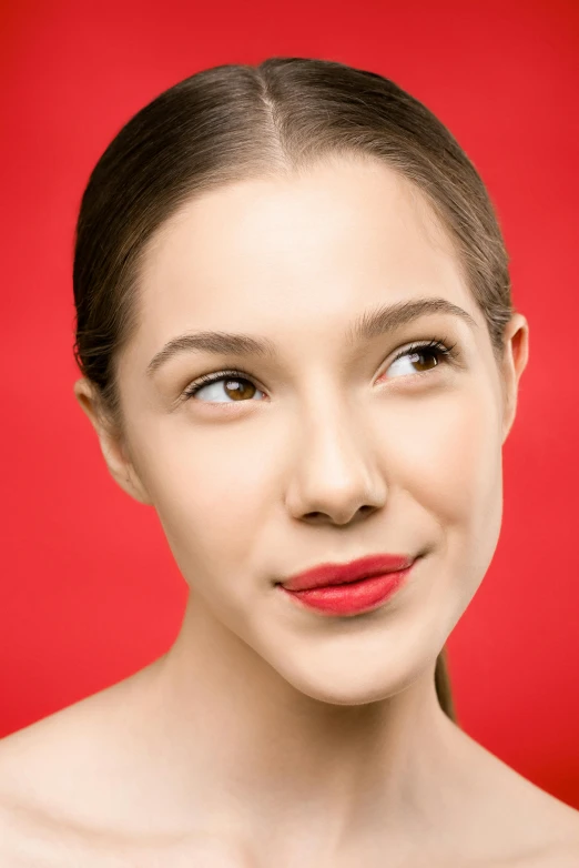 a woman with red lipstick posing for a picture, on a red background, ultra detailed content : face, zoomed in, fair complexion