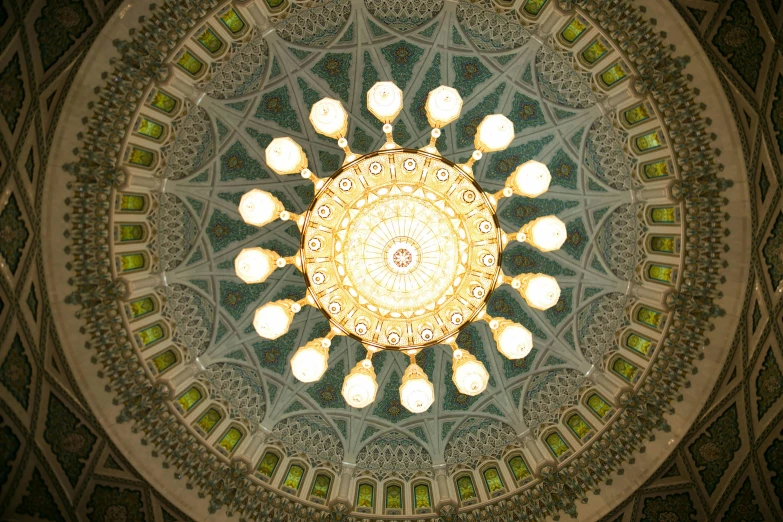 a chandelier hanging from the ceiling of a building, inspired by Anna Füssli, pexels contest winner, mosque synagogue interior, gold and green, circular, ilustration