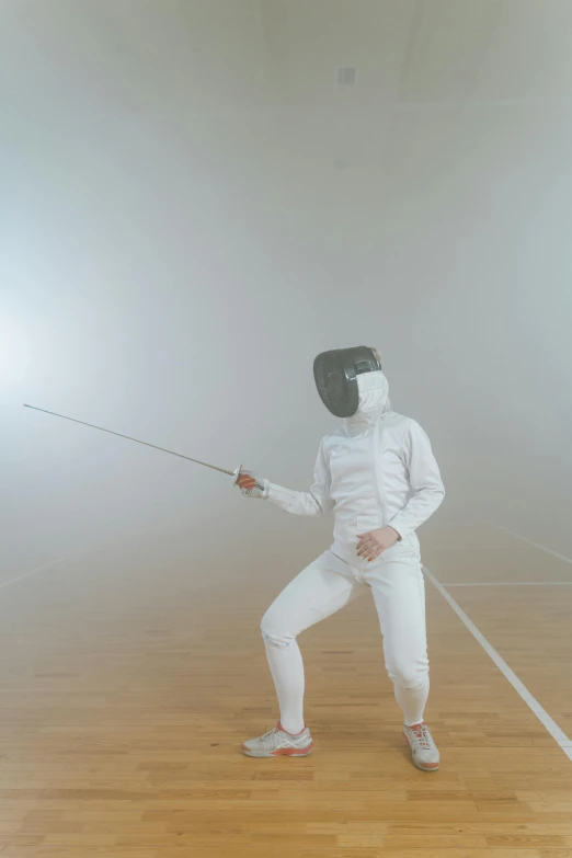 a man standing on top of a tennis court holding a racquet, by Attila Meszlenyi, light and space, fencing, white fog, knight in armor dance popping, promo image