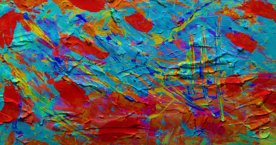 a colorful painting with lots of paint on it, inspired by Johannes Itten, pexels, abstract art, cracked paint, azure and red tones, digital art - n 9, synthetic polymer paint on linen