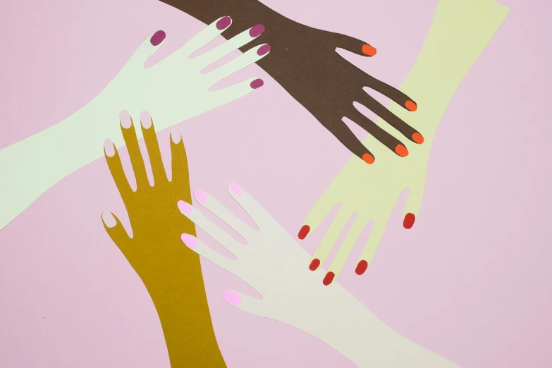 a painting of a group of hands reaching for each other, a pop art painting, by Lisa Milroy, trending on pexels, feminist art, brown and pink color scheme, jane newland, beauty campaign, paper cut out