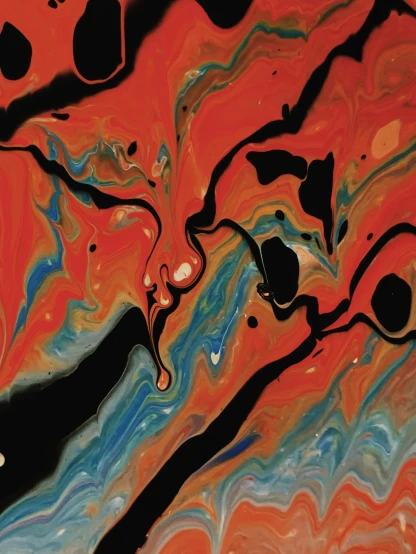 a close up of a painting on a wall, an abstract painting, reddit, black and orange colour palette, acrylic pouring, album cover, red liquid