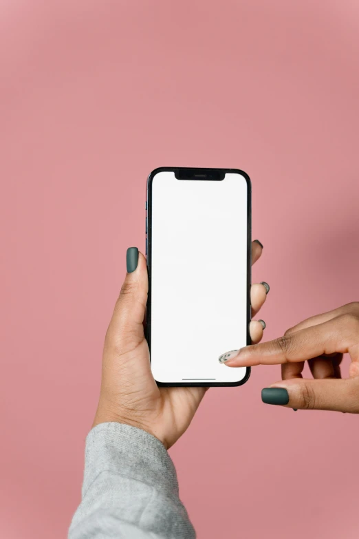 a woman holding a smart phone with a white screen mock mock mock mock mock mock mock mock mock mock mock mock mock mock mock mock mock mock, by Carey Morris, trending on pexels, pink background, ebony skin, from 8 k matte