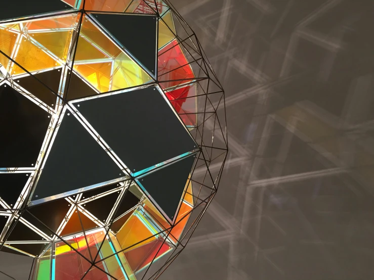 a close up of a light hanging from a ceiling, an abstract sculpture, inspired by Buckminster Fuller, unsplash, chromatic 3d geometry, olivia kemp, giant glass dome in space, taken in the late 2010s