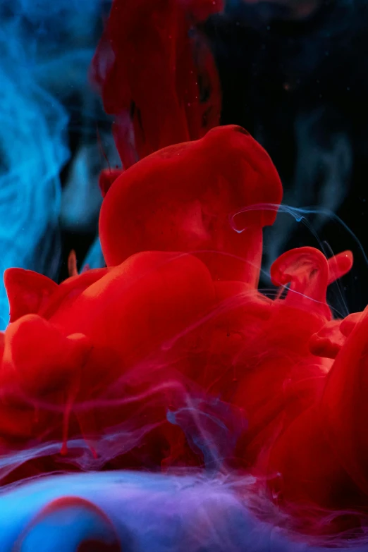 a close up of a red substance in water, inspired by Kim Keever, pexels contest winner, bright blue smoke, red hat, high resolution print :1 red, photograph taken in 2 0 2 0