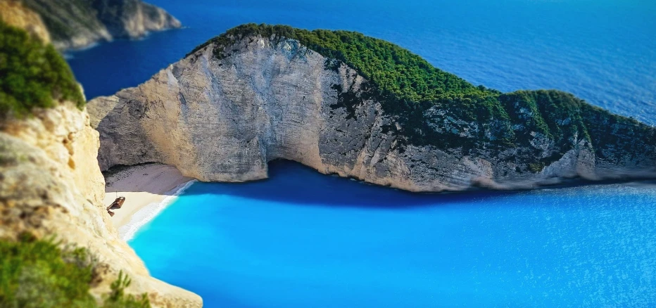 a large body of water next to a sandy beach, by Exekias, pexels contest winner, romanticism, island in a blue sea, steep cliffs, youtube thumbnail, neon greek