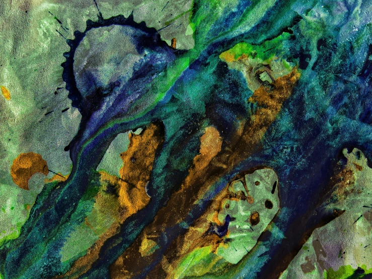 a close up of a painting of water and rocks, an abstract painting, inspired by Arthur Dove, trending on deviantart, azurite, ink and colour on silk, album cover, algae