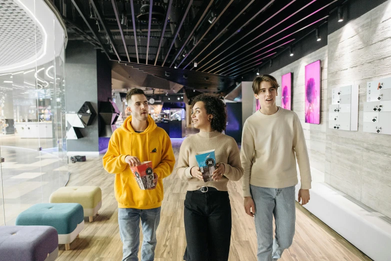 three people standing next to each other in a room, interactive art, bowling, neo kyiv, pokimane, people outside walk