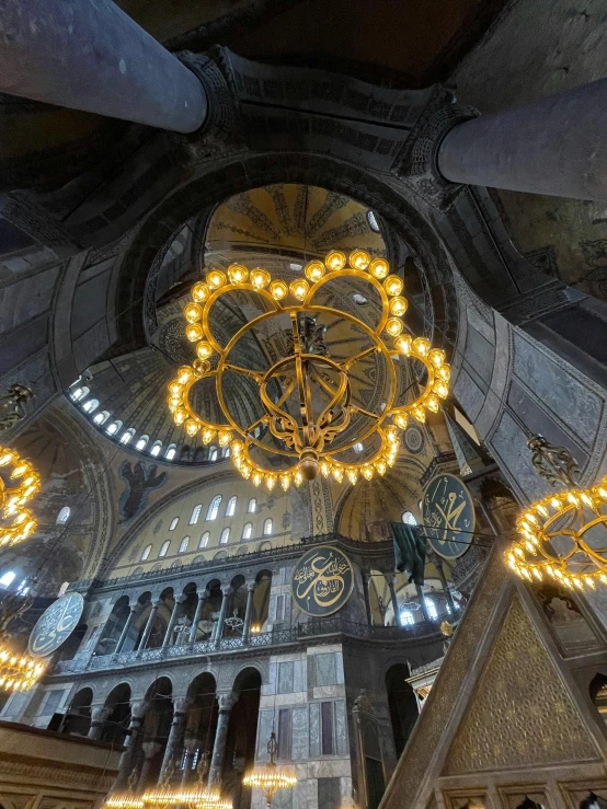 a group of chandeliers hanging from the ceiling of a building, with great domes and arches, byzantine mosaic, profile image