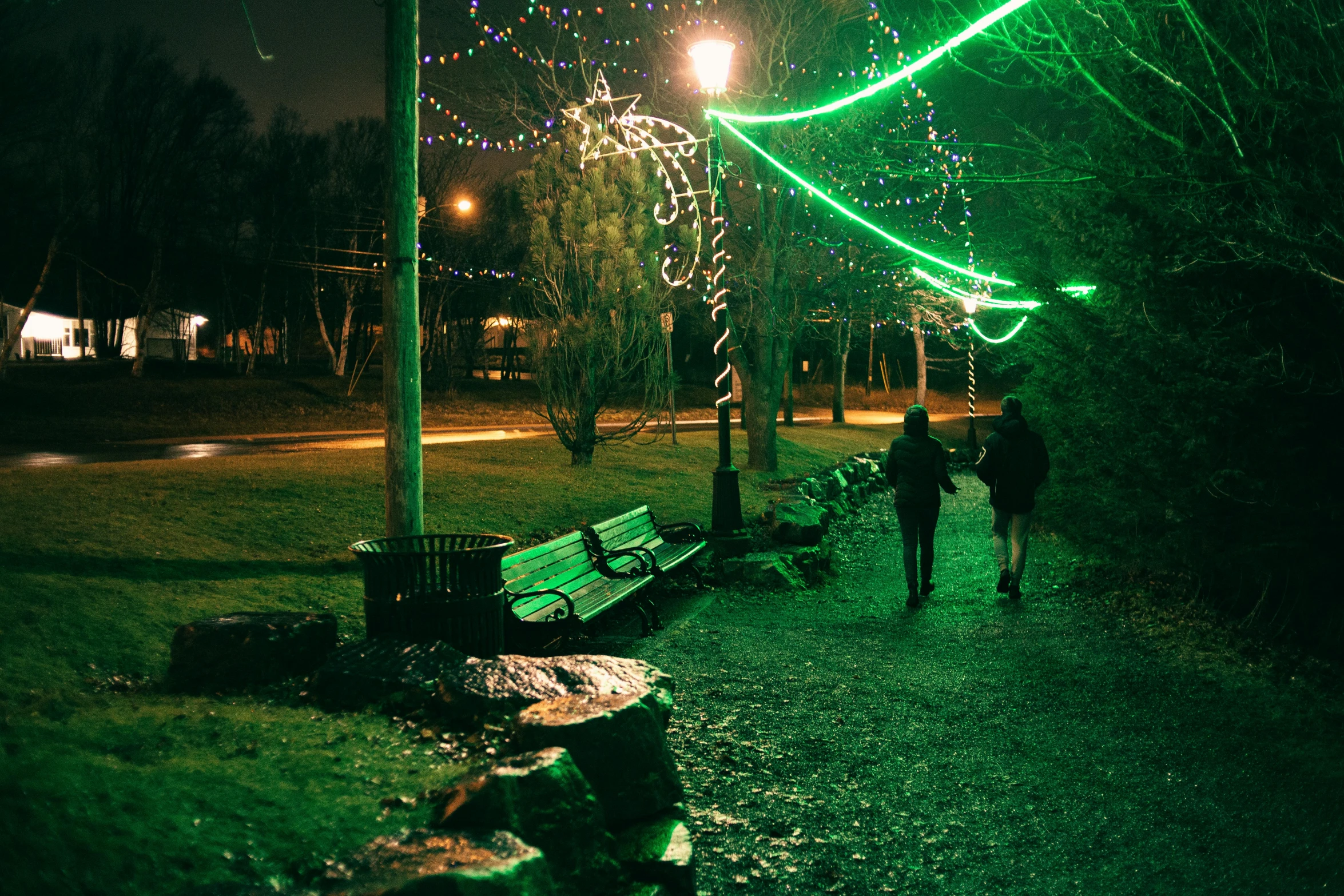 a couple of people that are walking down a path, by Julia Pishtar, happening, christmas lights, bright castleton green, green colours, parks and public space