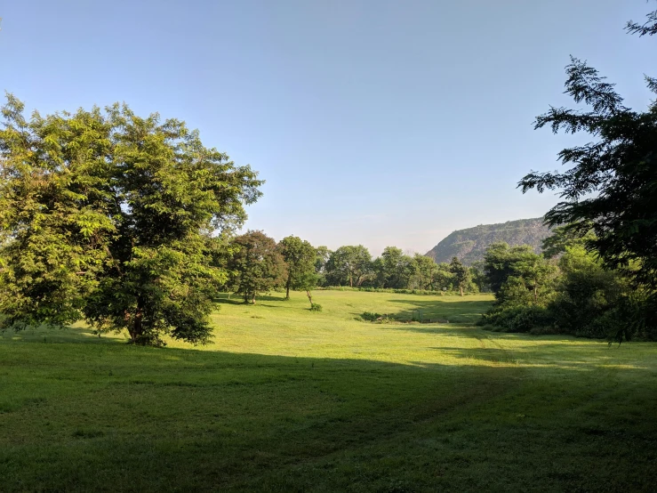 a grassy field with trees and mountains in the background, green spaces, olmsted, in between a gorge, outdoor photo