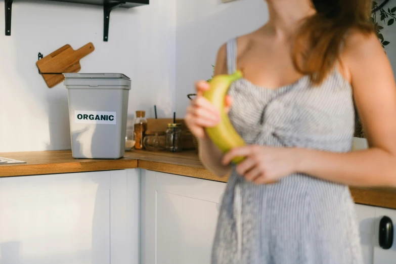 a woman standing in a kitchen holding an apple, trending on pexels, trash can, “organic, banana, gray