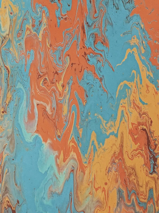 a close up of a painting on a wall, an abstract painting, trending on unsplash, orange and blue color scheme, marbled swirls, brown and cyan blue color scheme, pastelwave