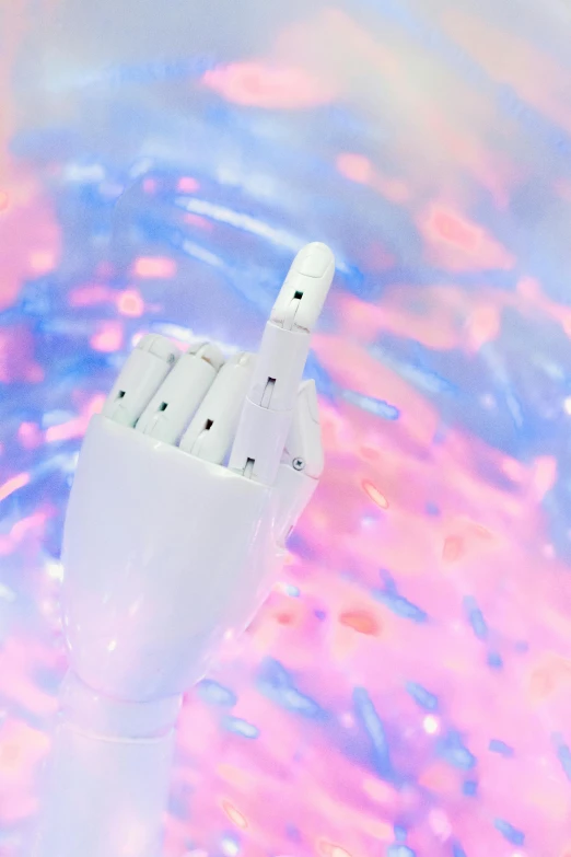 a close up of a person's hand in a bowl of water, an album cover, inspired by Beeple, unsplash, holography, white robot, giving the middle finger, kawaii aesthetic, glossy white