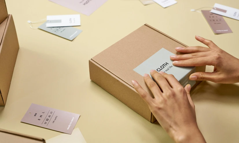 a person opening a box on a table, by Eden Box, labels, earthy light pastel colours, thumbnail, small manufacture