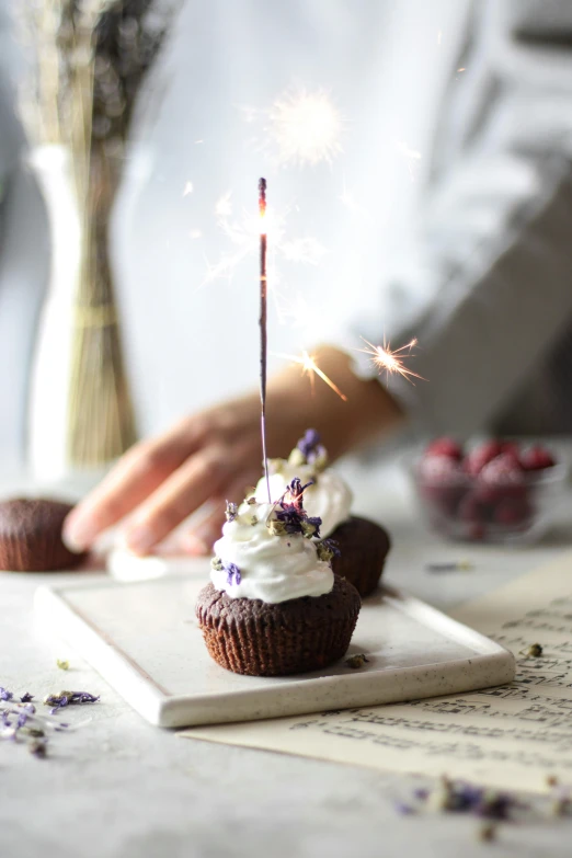 a person lighting a sparkler on a cupcake, hammershøi, white and purple, handcrafted, highest quality