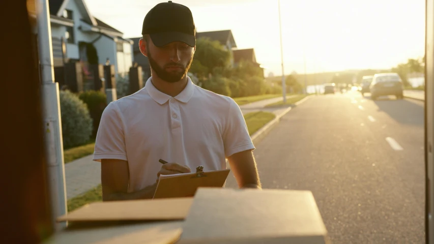 a man standing on the side of a road holding a clipboard, by Joseph Severn, pexels contest winner, photorealism, delivering packages for amazon, soft golden hour lighting, lachlan bailey, a wooden