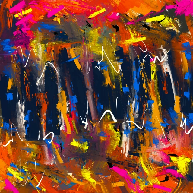 an abstract painting of a group of people, an abstract painting, inspired by Hans Hartung, pexels contest winner, orange and blue colors, neon digital art, asemic writing, 144x144 canvas