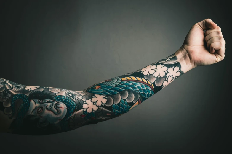 a man with a tattoo on his arm, a tattoo, trending on pexels, asset on grey background, koi, full colour, long arm