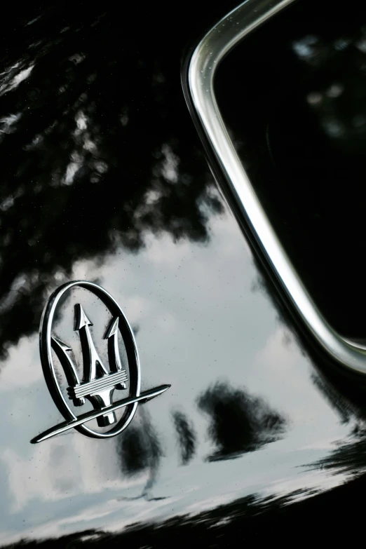 a close up of a badge on a car, a picture, by Tony Szczudlo, unsplash, renaissance, henrik fisker, black silhouette, omega, trident