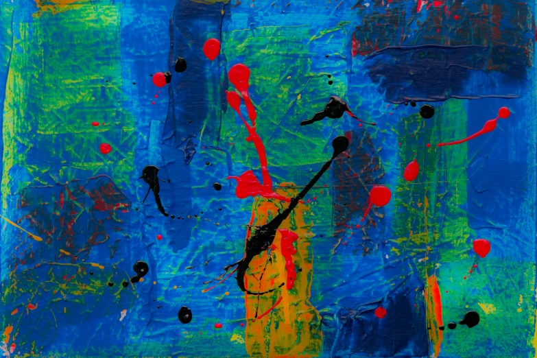 a close up of a painting with paint splatters on it, an abstract painting, inspired by Hans Hartung, flickr, blue and green and red tones, blue submarine no 6, singing, colorful”